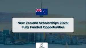 New Zealand Scholarships 2025 banner featuring the New Zealand flag, Auckland cityscape, and the text 'New Zealand Scholarships 2025: Fully Funded Opportunities.