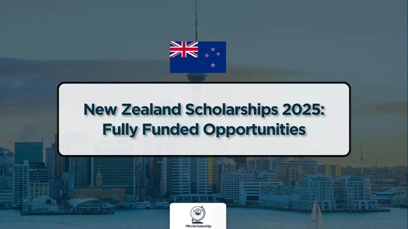 New Zealand Scholarships 2025 banner featuring the New Zealand flag, Auckland cityscape, and the text 'New Zealand Scholarships 2025: Fully Funded Opportunities.