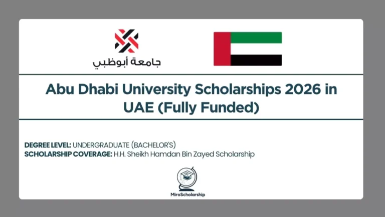 Abu Dhabi University Scholarships 2026 in the UAE offering fully funded undergraduate scholarships through H.H. Sheikh Hamdan Bin Zayed Scholarship for international students.