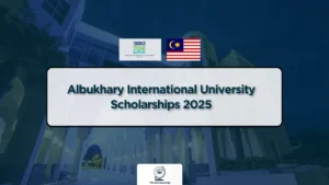 Albukhary International University campus view with modern architecture, lush greenery, and students walking around, representing a diverse learning environment.