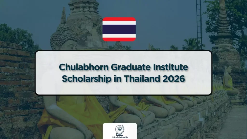 Chulabhorn Graduate Institute Scholarship in Thailand 2026 with Thai flag and background of Buddhist temple statues.