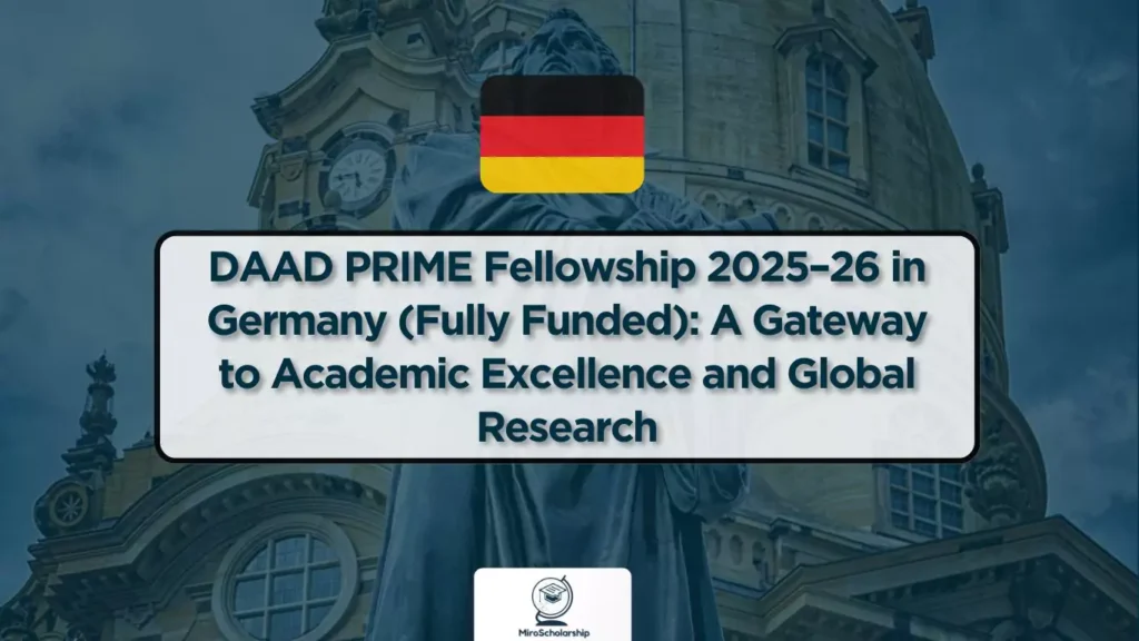 German flag above banner text announcing DAAD PRIME Fellowship 2025–26 in Germany, fully funded, with a historic German building in the background.