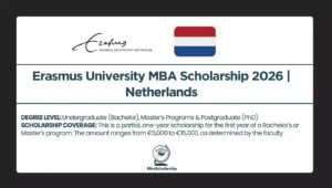 Erasmus University MBA Scholarship 2026 in the Netherlands for international students, offering partial funding of €5,000–€15,000 for bachelor’s, master’s, and PhD programs.