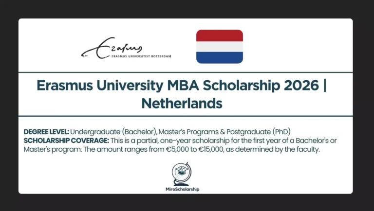Erasmus University MBA Scholarship 2026 in the Netherlands for international students, offering partial funding of €5,000–€15,000 for bachelor’s, master’s, and PhD programs.