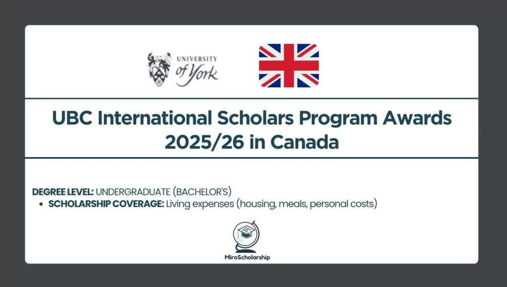 UBC International Scholars Program Awards 2025/26 in Canada – Undergraduate scholarship details with flags and university logo.
