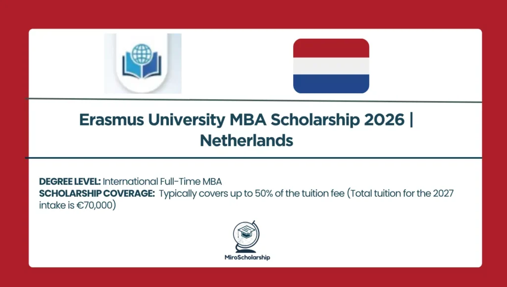 Promotional graphic for the Erasmus University MBA Scholarship 2026 in the Netherlands, displaying an education-themed shield logo alongside the Dutch flag icon, with coverage details for the full-time MBA program.