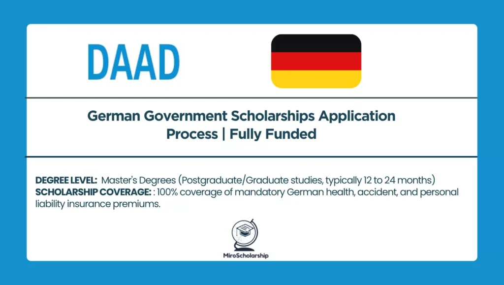 Promotional graphic for the German Government DAAD Scholarships application process, featuring the DAAD acronym, the German flag, and coverage details for a fully funded Master's degree.