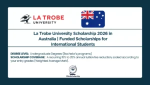 Promotional graphic for the La Trobe University Scholarship 2026 in Australia, showcasing the university logo, the Australian flag, and information about tuition fee reductions for international undergraduate students.