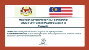 Promotional graphic for the Malaysian Government MTCP Scholarship 2026, featuring the Malaysian coat of arms, the Malaysian flag, and details on a fully funded Master's degree opportunity.