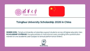 Promotional graphic for the Tsinghua University Scholarship 2026 in China, featuring the university's purple emblem and Chinese calligraphy, the national flag of China, and scholarship tier and coverage information.