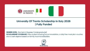 Promotional graphic for the University of Trento Scholarship 2026 in Italy, displaying the university logo, the Italian flag, and financial coverage details for undergraduate students.